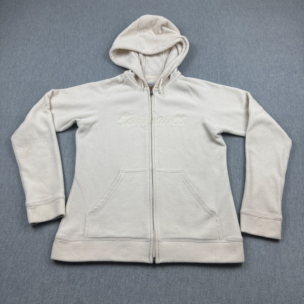 Carhartt Hoodie Jacket Womens Medium Cream‎ Full Zip Fleece Sweatshirt Logo Coat